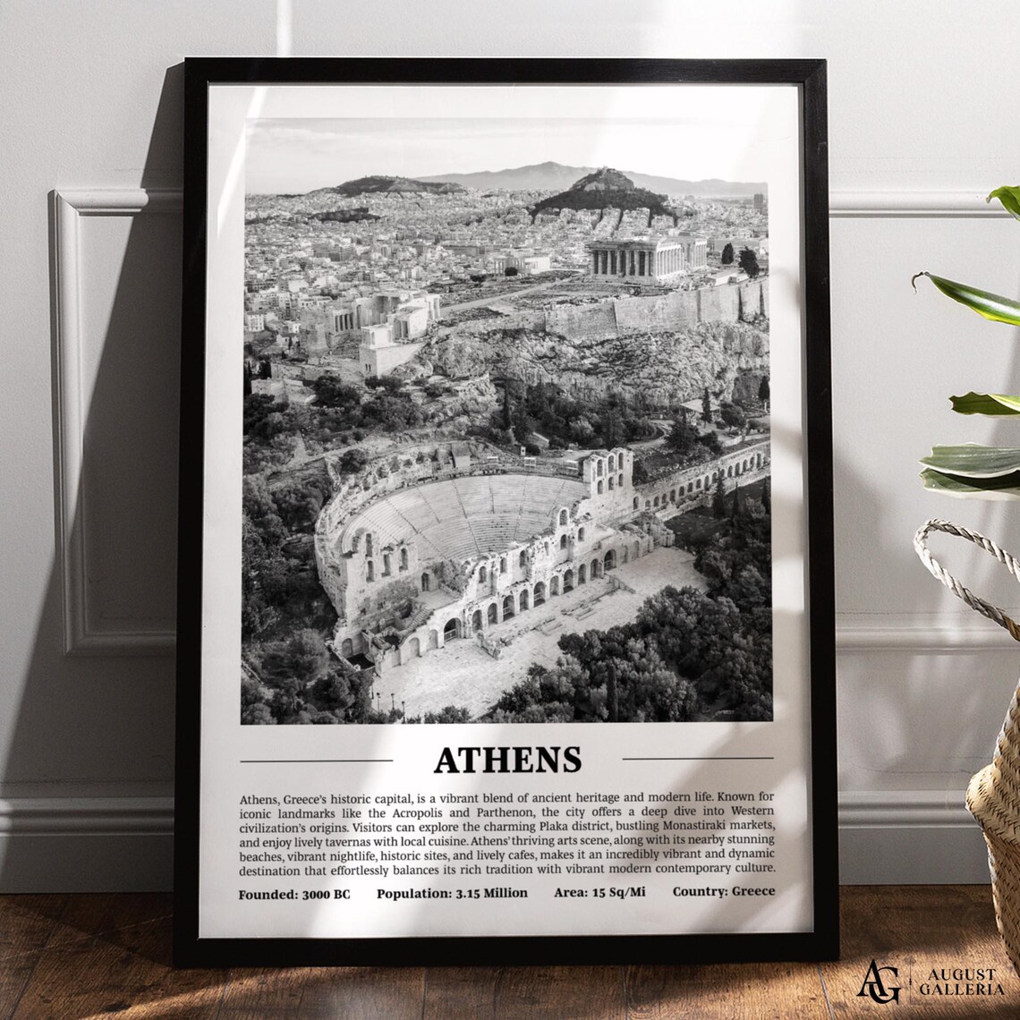 Athens Greece Black And White Skyline City Print With Key Facts