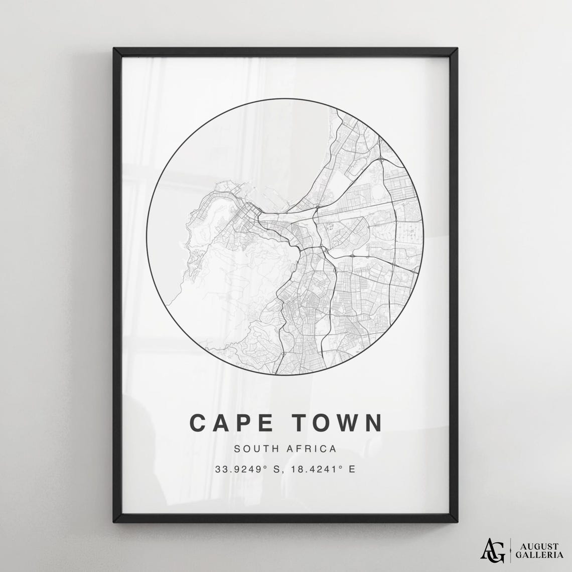 Cape Town South Africa Minimalist Black White Circular City Map Print