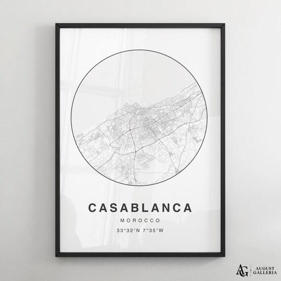 Casablanca Morocco Black White Circular City Street Map Poster