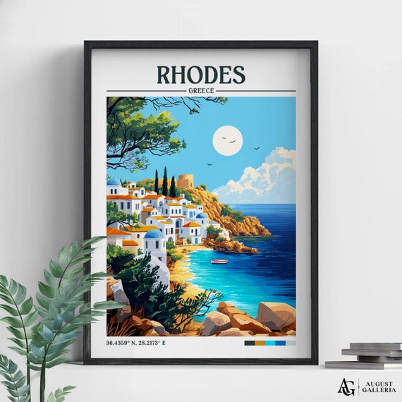 Rhodes Greece Retro Travel Print Wall Art Framed Canvas Poster Illustration Wanderlust