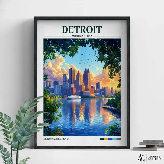 Retro Detroit Michigan Sunset Skyline River Travel Illustration Poster