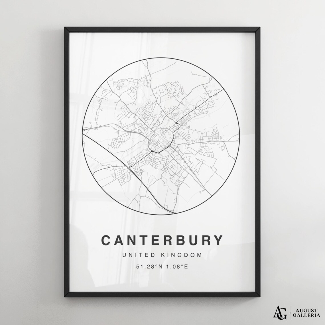 Canterbury United Kingdom Minimalist Black White Circular City Map Print