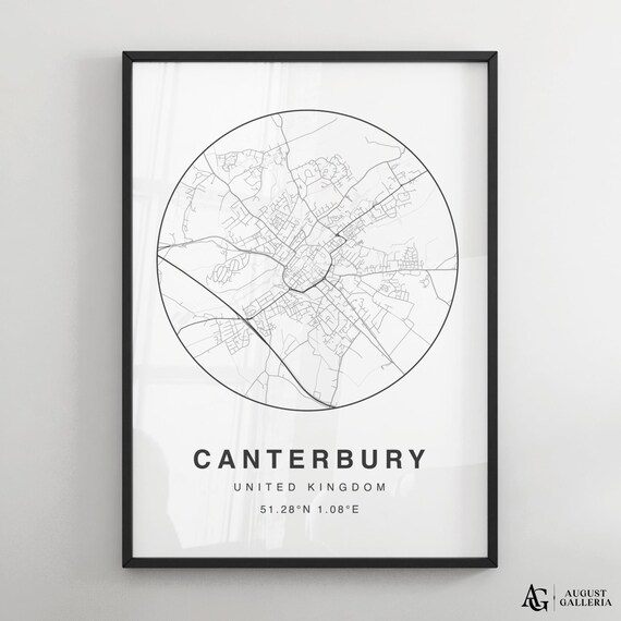 Canterbury United Kingdom Minimalist Black White Circular City Map Print