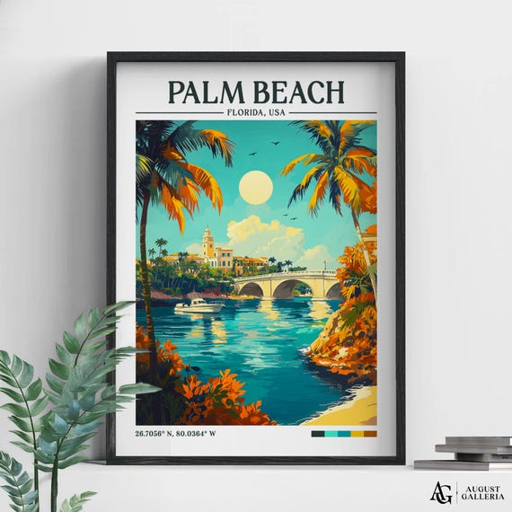 Palm Beach Florida Retro Travel Print Wall Art Framed Canvas Poster Illustration Wanderlust