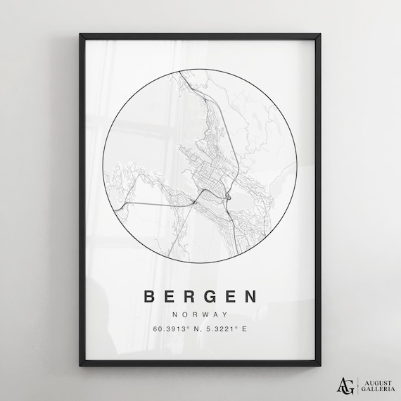 Bergen Norway Circular Street Map Minimalist City Map Poster