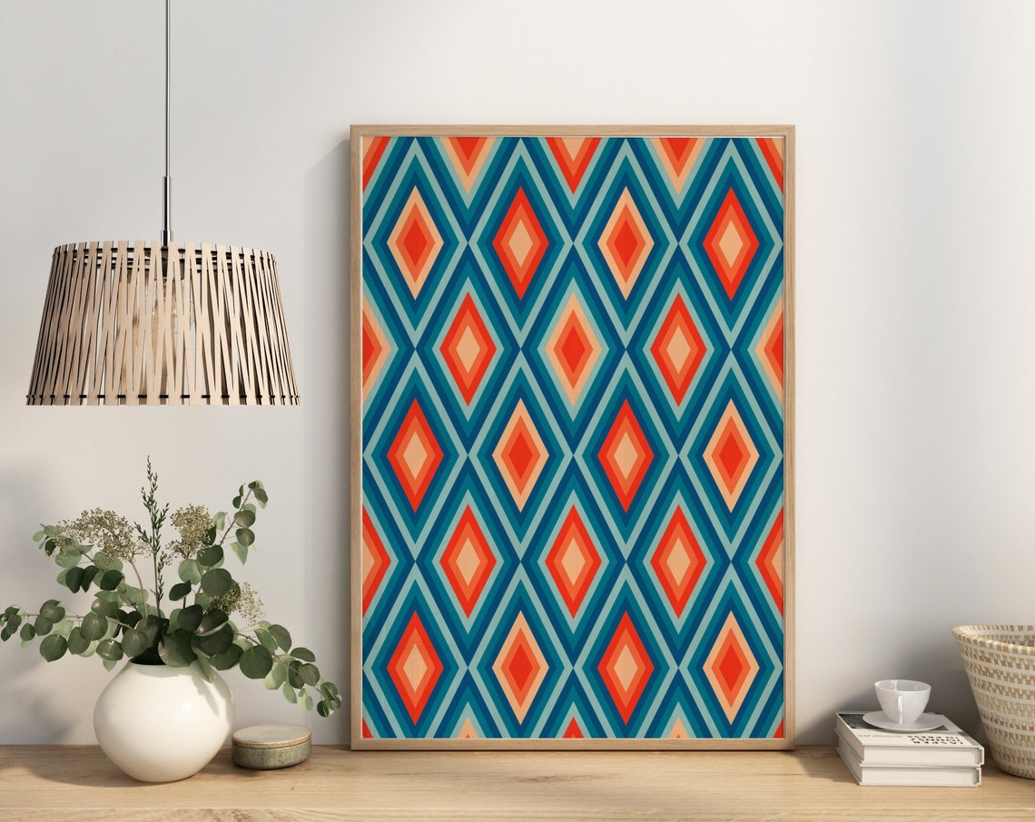 Retro 70s Striped Diamond Geometric Pattern Teal Orange Poster - Image 2