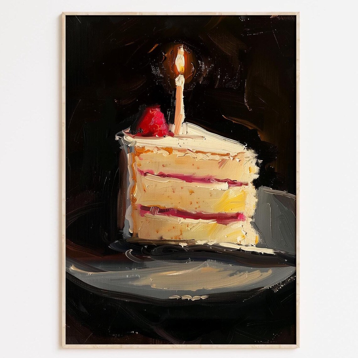 Birthday Cake Slice Oil Painting Lit Candle Dark Background Wall Art