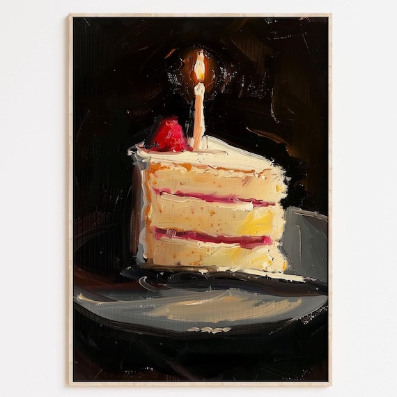 Birthday Cake Slice Oil Painting Lit Candle Dark Background Wall Art