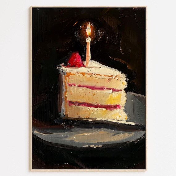 Cake Slice Oil Painting Print Quirky Birthday Wall Art