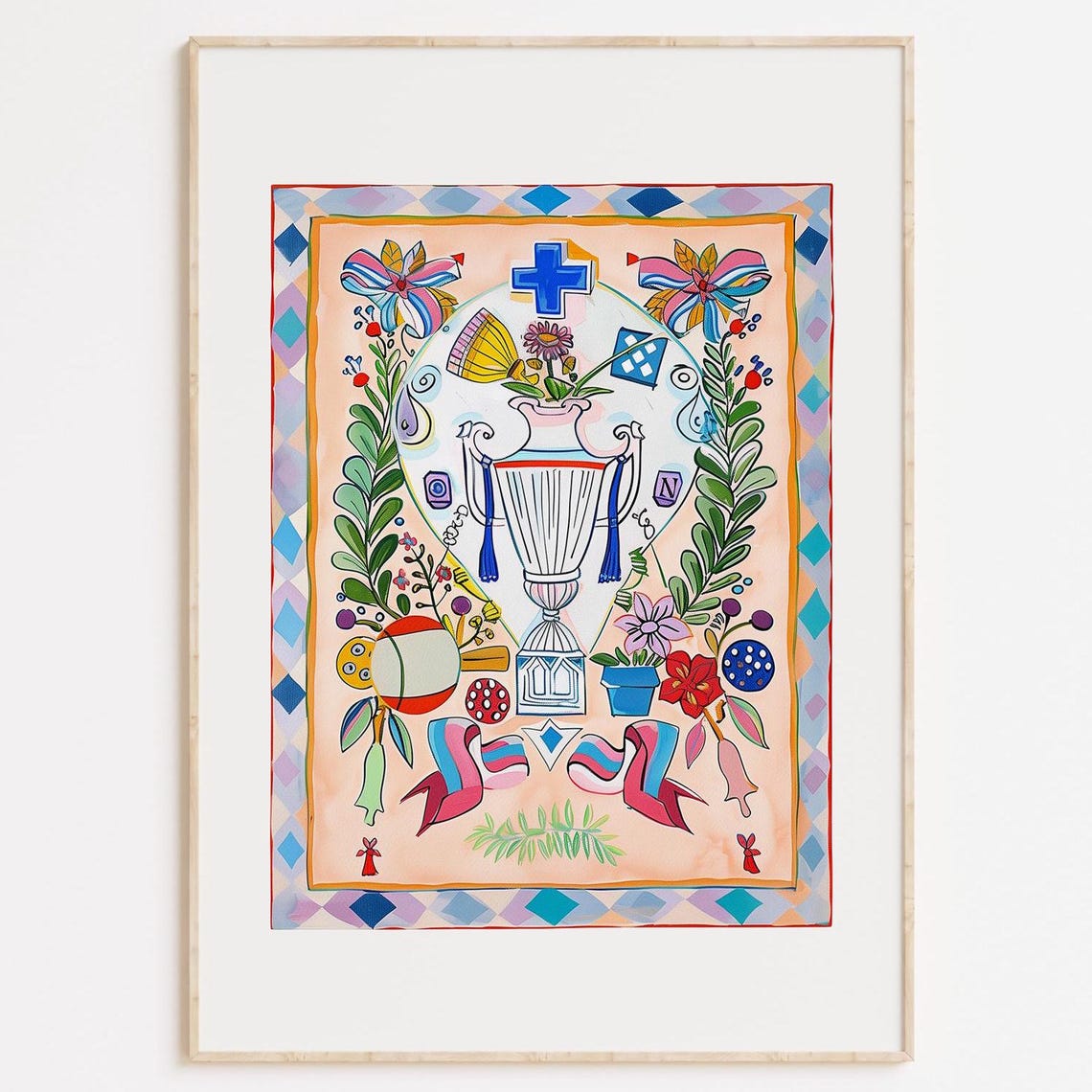 Colorful Tennis Trophy Crest Folk Art With Bows and Ribbons Poster