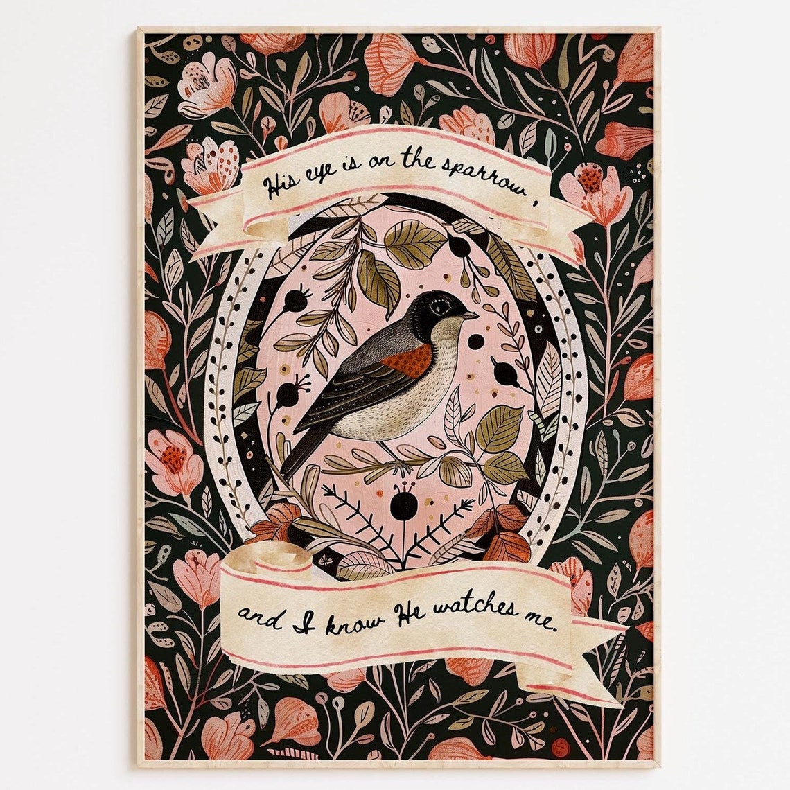 His Eye Is On The Sparrow Vintage Botanical Bird Hymn Art Poster