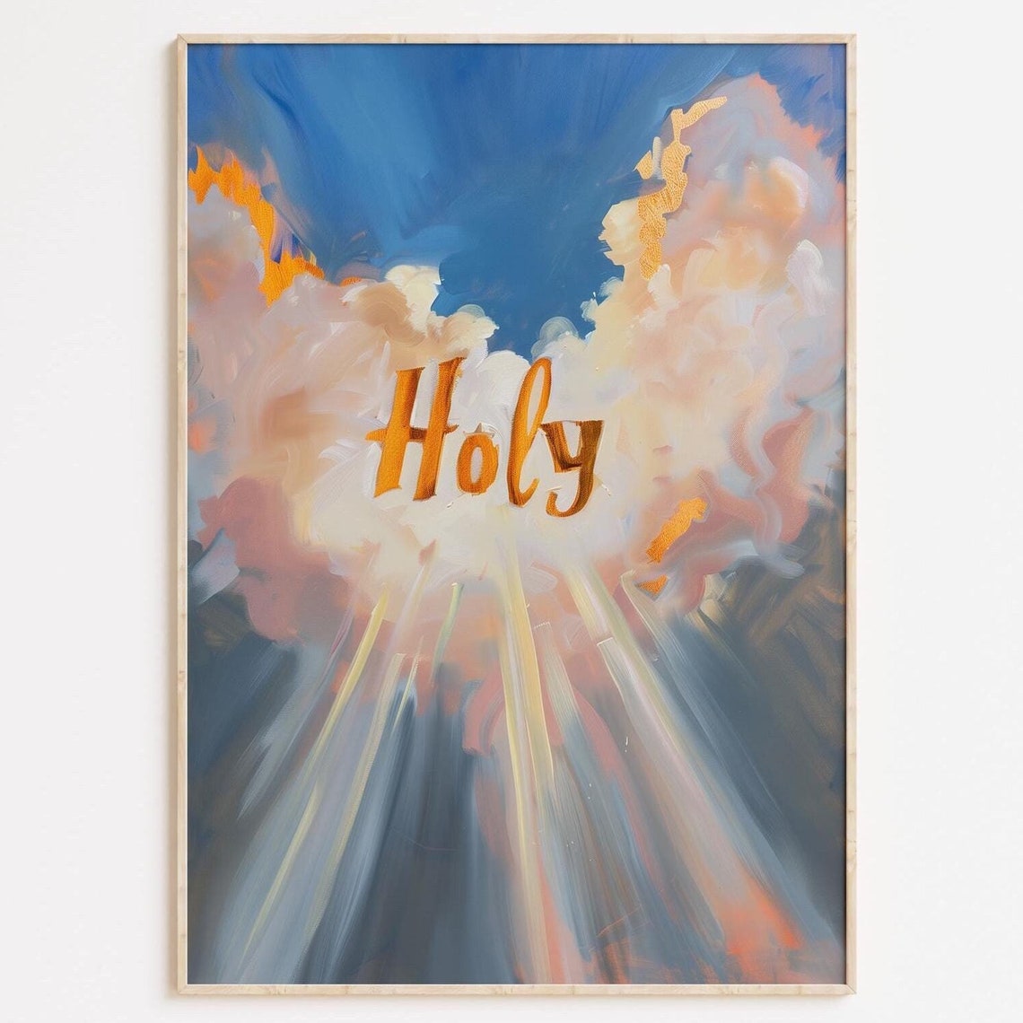 Holy In Gold Lettering On Heavenly Clouds With Light Rays Poster