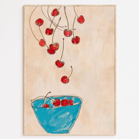 Red Cherries Falling Into Blue Bowl Whimsical Kitchen Art Poster