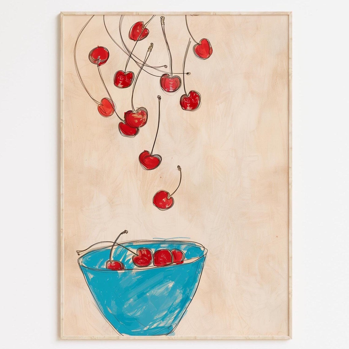 Red Cherries Falling Into Blue Bowl Whimsical Kitchen Art Poster