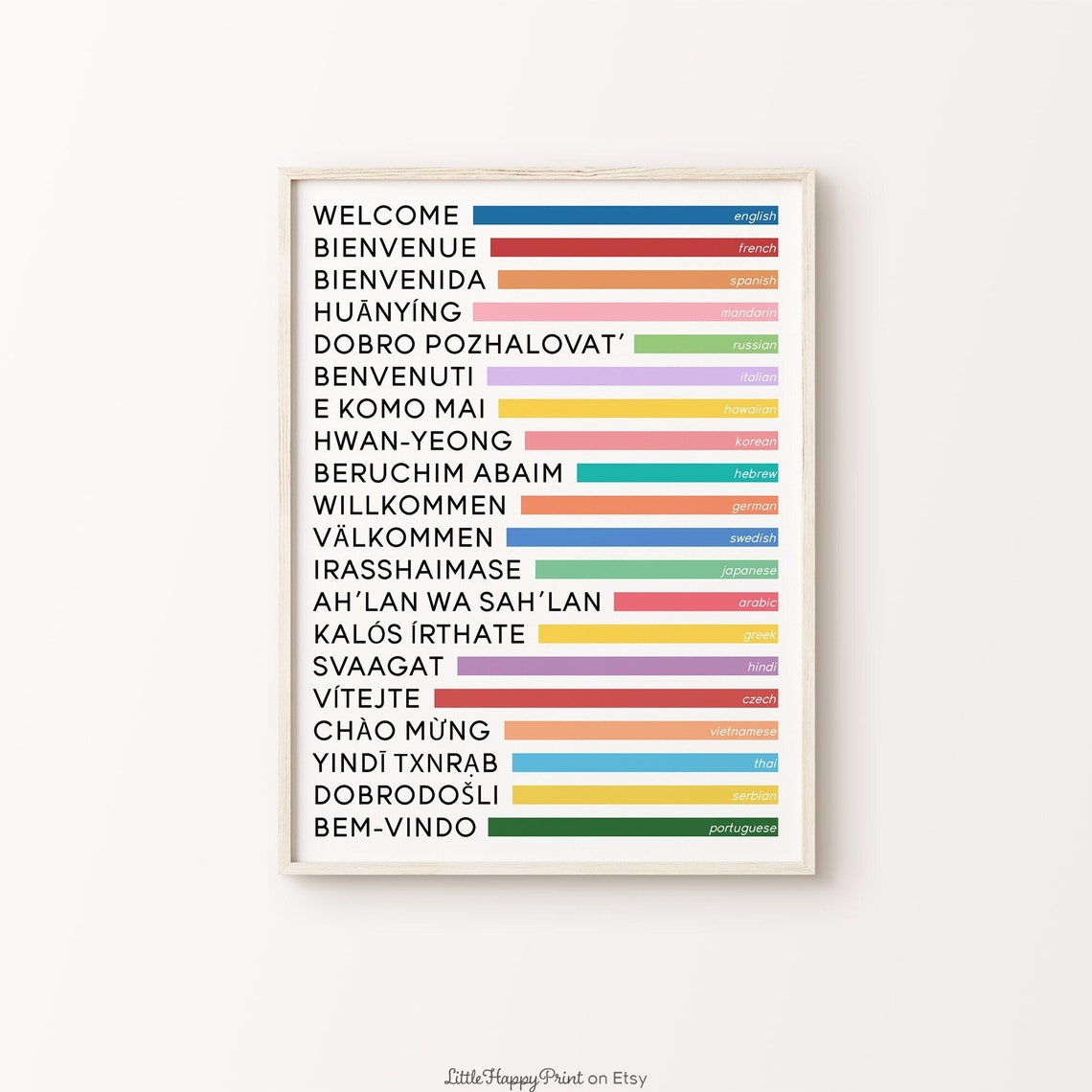 Welcome In 20 Languages Colorful Bar Chart Entryway Typography Poster