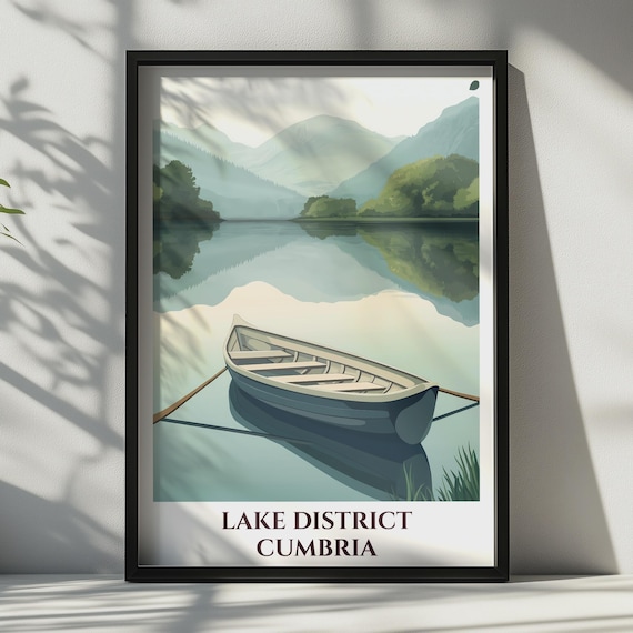 Lake District Print Cumbria Travel Poster Rowing Boat Wall Art England