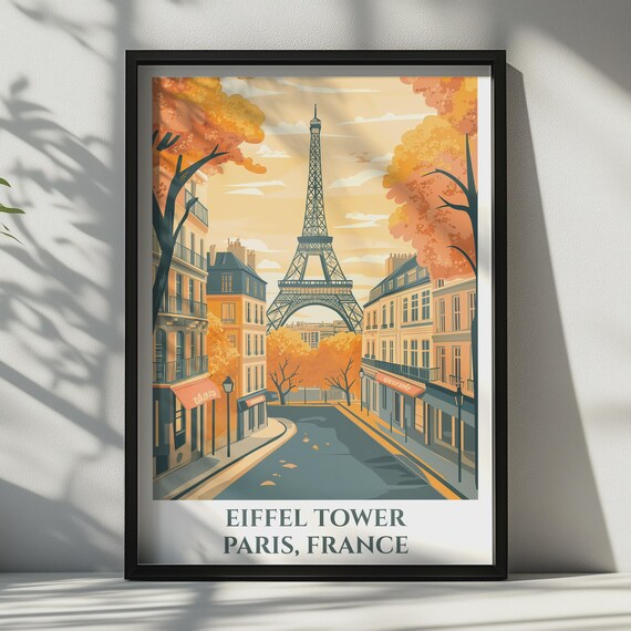 Paris Travel Poster Eiffel Tower Wall Art France Autumn Street Print Retro City Decor