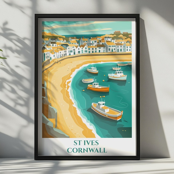 St Ives Cornwall Travel Poster Harbour Beach Wall Art Vintage Coastal Print
