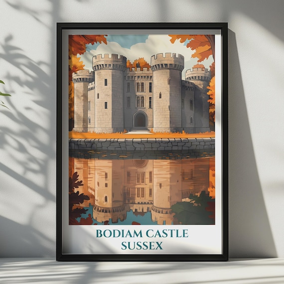 Bodiam Castle Sussex Vintage Travel Poster Moat Reflection Autumn England Scene