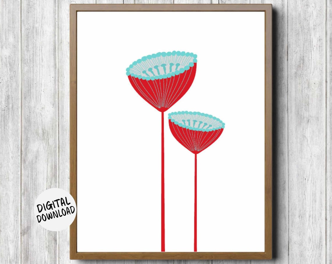 Bold Bright Red Turquoise Mid Century Modern Floral Duo Wall Art