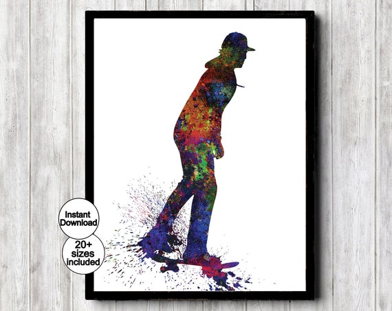 Skateboarding Boys Sports Poster Wall Art For Teens Grungy Watercolor Skateboarder Silhouette For College Dorm Decor