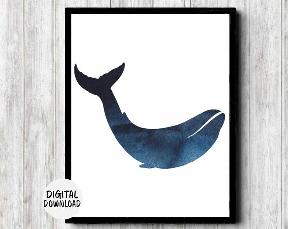 Instant Watercolor Whale Silhouette Wall Decor Sea Animal Poster Sealife Art Print Blue Whale Print Dark Blue