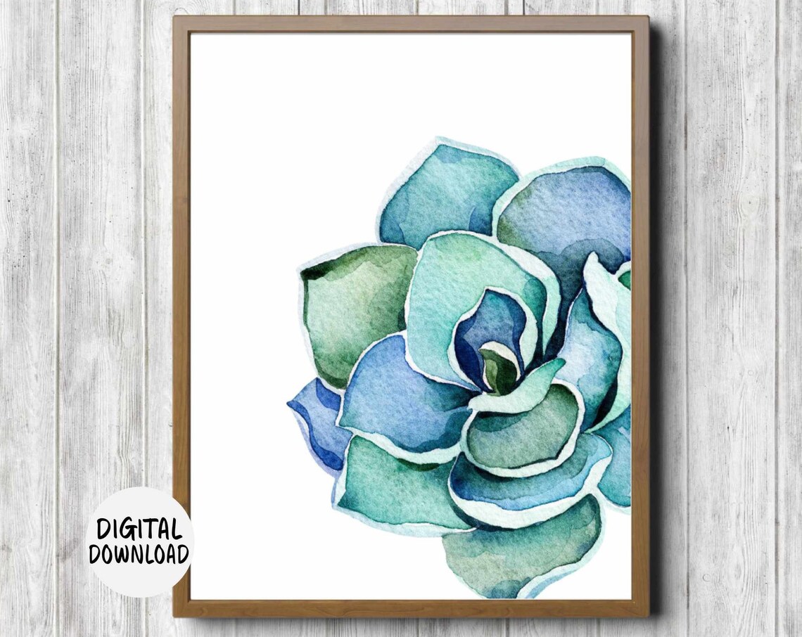 Blue Green Succulent Watercolor Botanical Desert Rose Plant Print