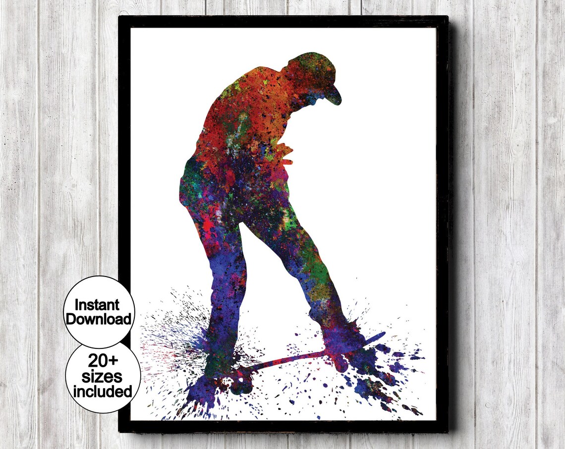Skateboard Wall Art Boys Sports Poster For Teen Room Decor Skateboarder Gift Skateboarding Print In Grungy Watercolor