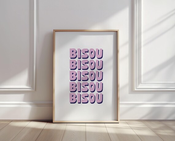 Bisou French Kiss Pink Retro Typography Repeated Words Art Print