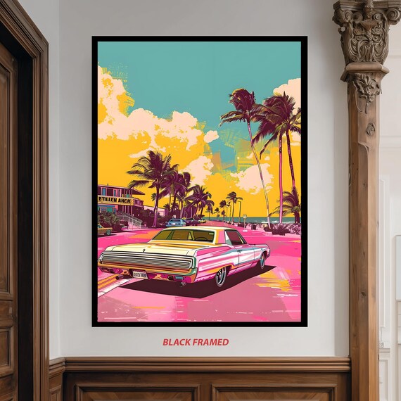 Retro Miami Car, Vintage Coastal Travel Poster