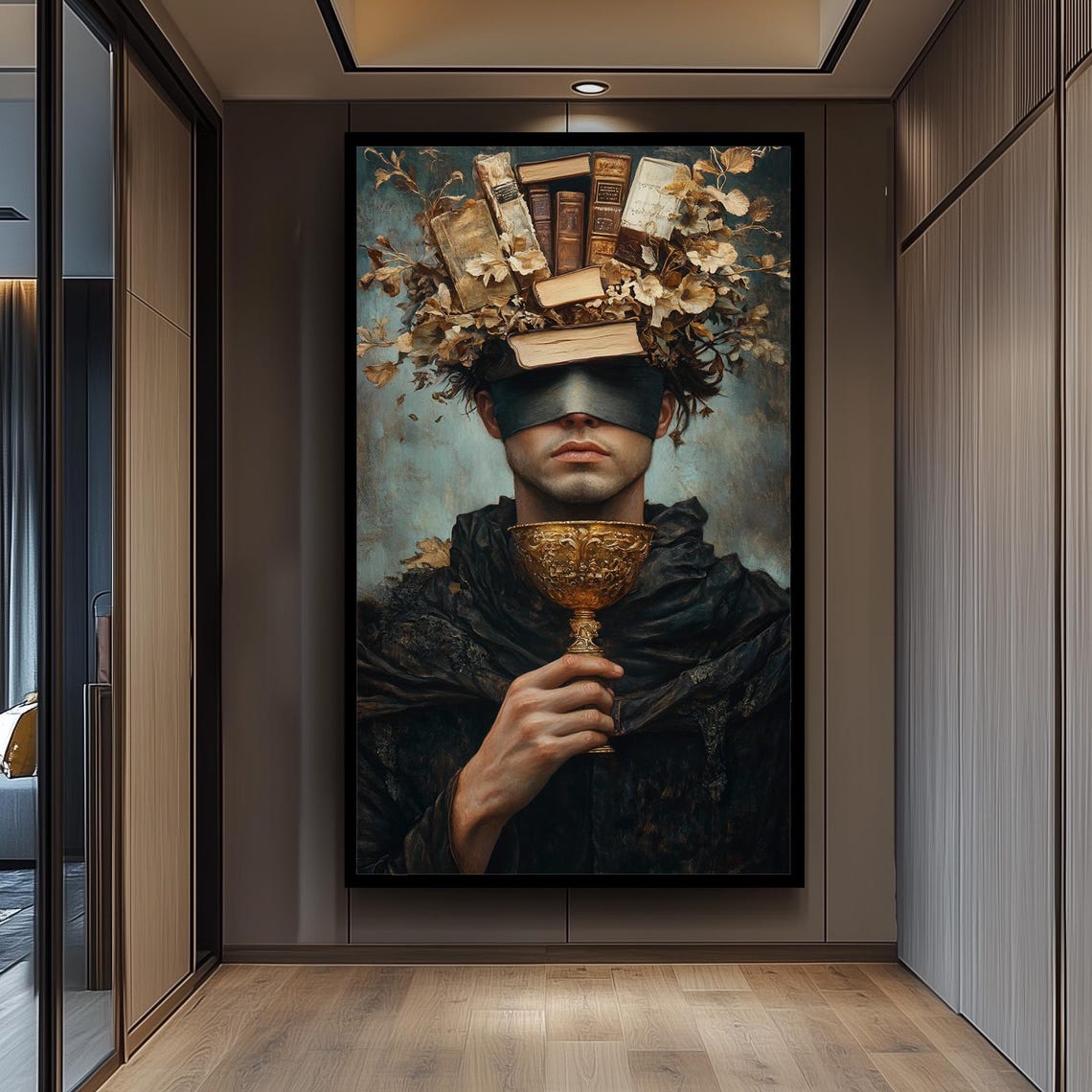Dark Academia Canvas Print Blindfolded Woman Portrait Art Gothic Wall Decor Mysterious Moody Artwork For Study Or Library