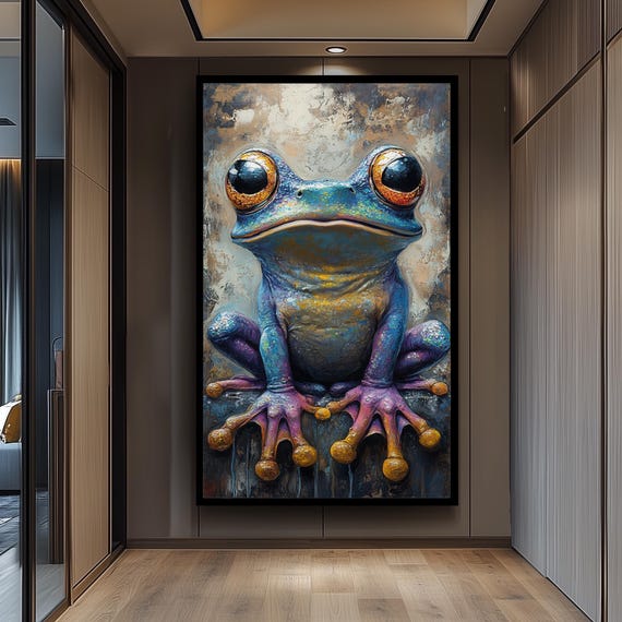 Surreal Frog Art Canvas Wall Print Colorful Fantasy Animal Decor For Bathroom Nursery Or Office Whimsical Gift And Nature Lovers
