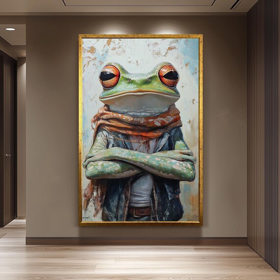 Dapper Frog Denim Jacket Scarf Arms Crossed Whimsical Art Poster