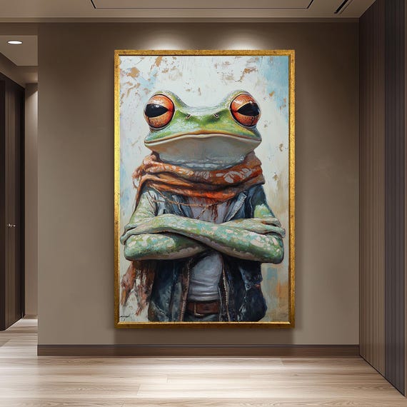 Surreal Frog Portrait Canvas Wall Art Whimsical Animal Decor For Bathroom Office Or Nursery Unique Gift And Fantasy Lovers