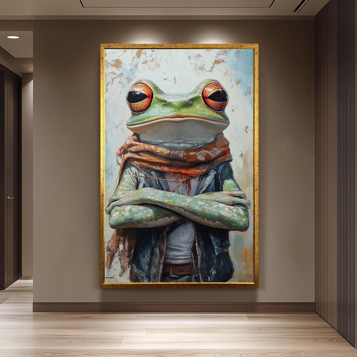 Dapper Frog Denim Jacket Scarf Arms Crossed Whimsical Art Poster