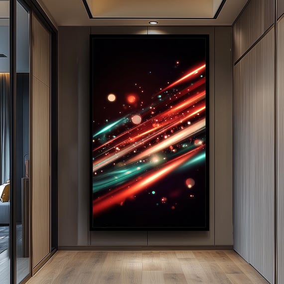 Diagonal Neon Light Streaks And Glowing Particle Effects On Black Canvas Wall Art For Modern Abstract Futuristic Interior Design