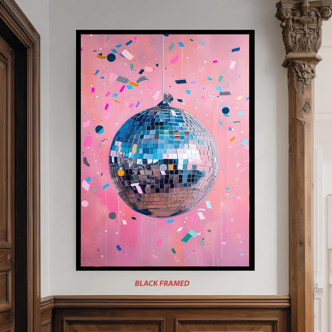 Large Shiny Disco Ball On Pink Background With Confetti Poster