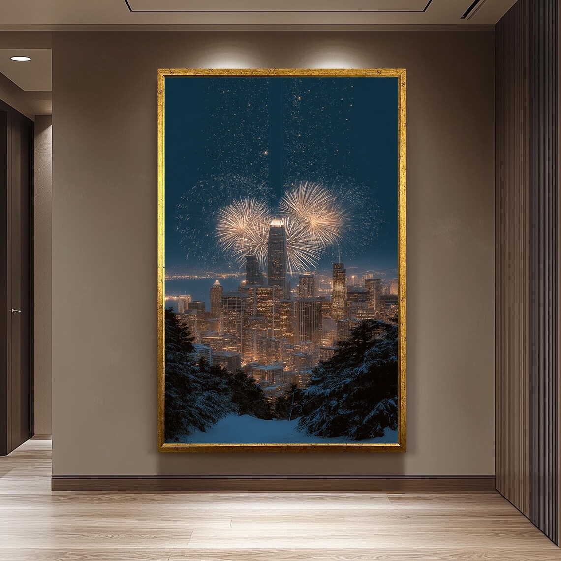 Golden Fireworks Above Snowy City Skyline, Art Print