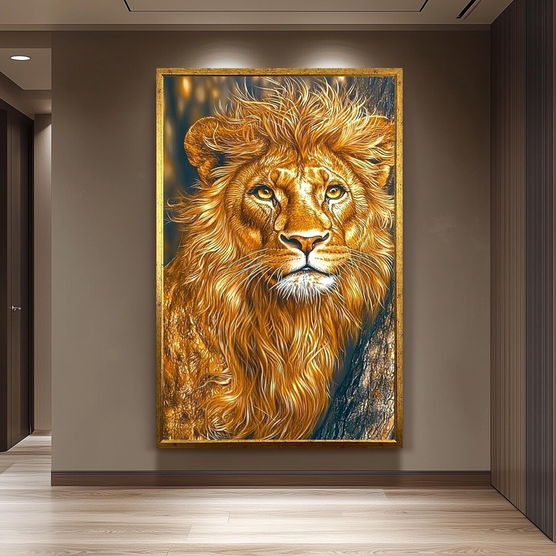 Majestic Golden Lion Portrait Realistic Wildlife Painting Poster