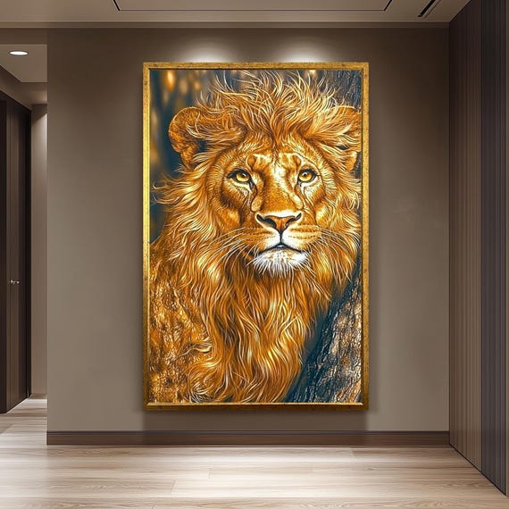 Golden Lion Portrait Painting Majestic Wildlife Wall Art Hand Painted Realistic Canvas Regal Animal Artwork Bold Safari Home Decor