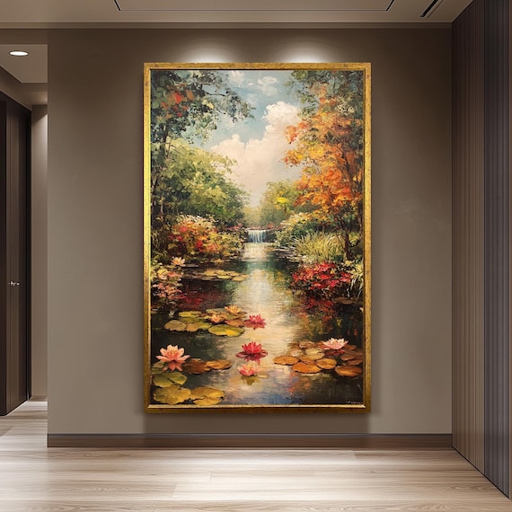 Water Lily Pond Painting Pink Blossoms Waterfall Autumn Garden Poster
