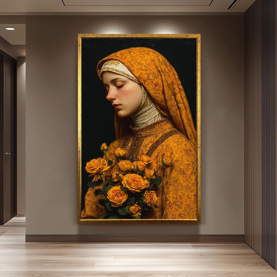Mother Mary Golden Robes Yellow Roses Peaceful Virgin Art Poster