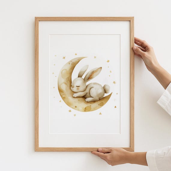 Sleeping Bunny Moon Print Watercolor Nursery Art Celestial Decor 16x20 Glossy Or Matte Finish