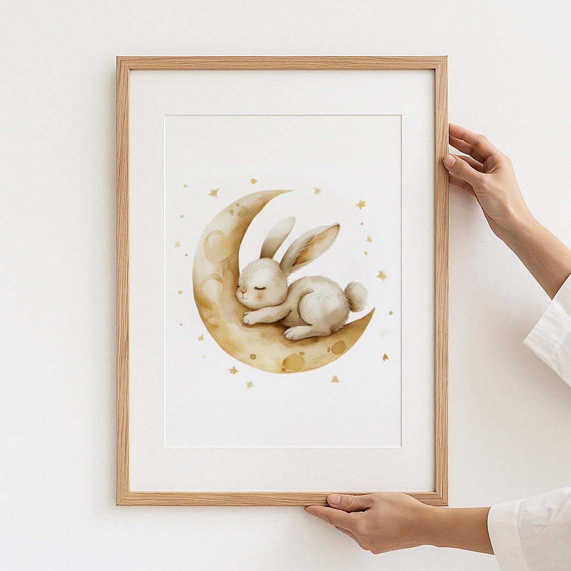 Sleeping White Bunny Golden Crescent Moon Stars Nursery Poster