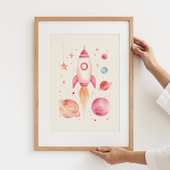Watercolor Rocket Ship Print Space Nursery Kids Room Art 16x20 Glossy Or Matte Finish