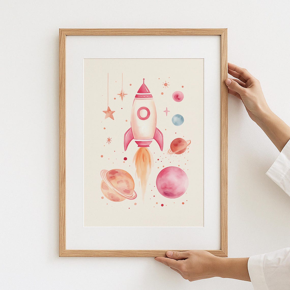 Pink Watercolor Rocket Ship Planets Stars Space Nursery Poster