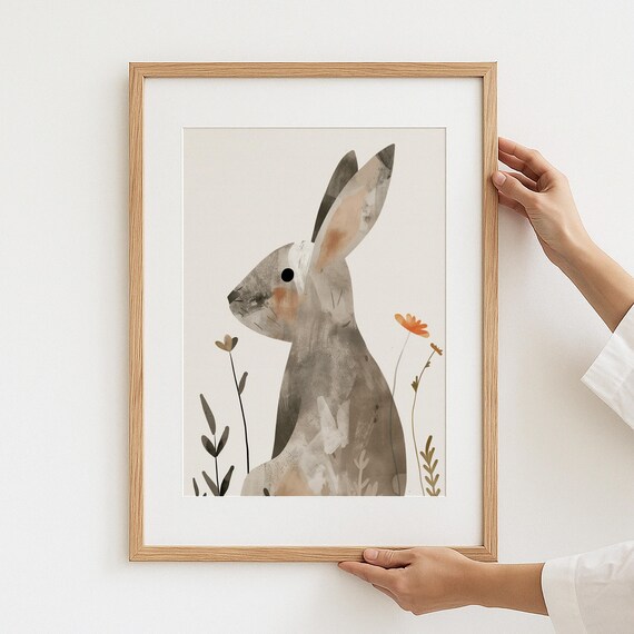 Hare Poster Cute Bunny Print Animal Wall Art Neutral Nursery Decor Farmhouse Style Rabbit Illustration Spring Artwork