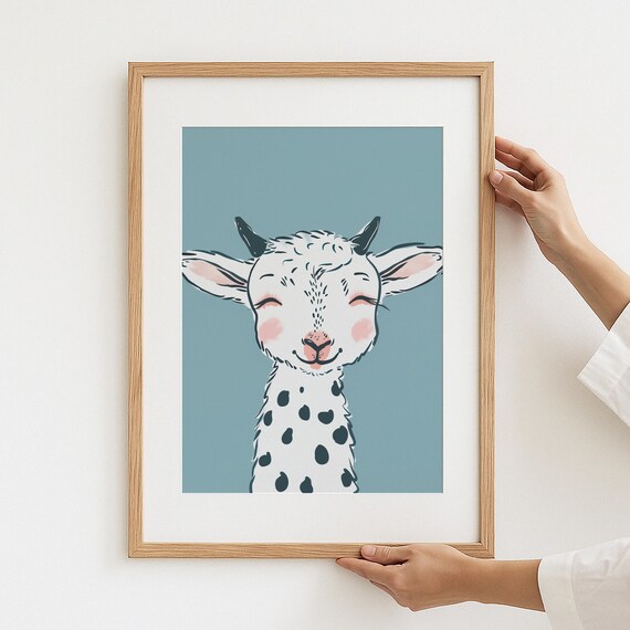 Smiling Goat Face Cute Farm Animal Nursery Kids Room Wall Poster