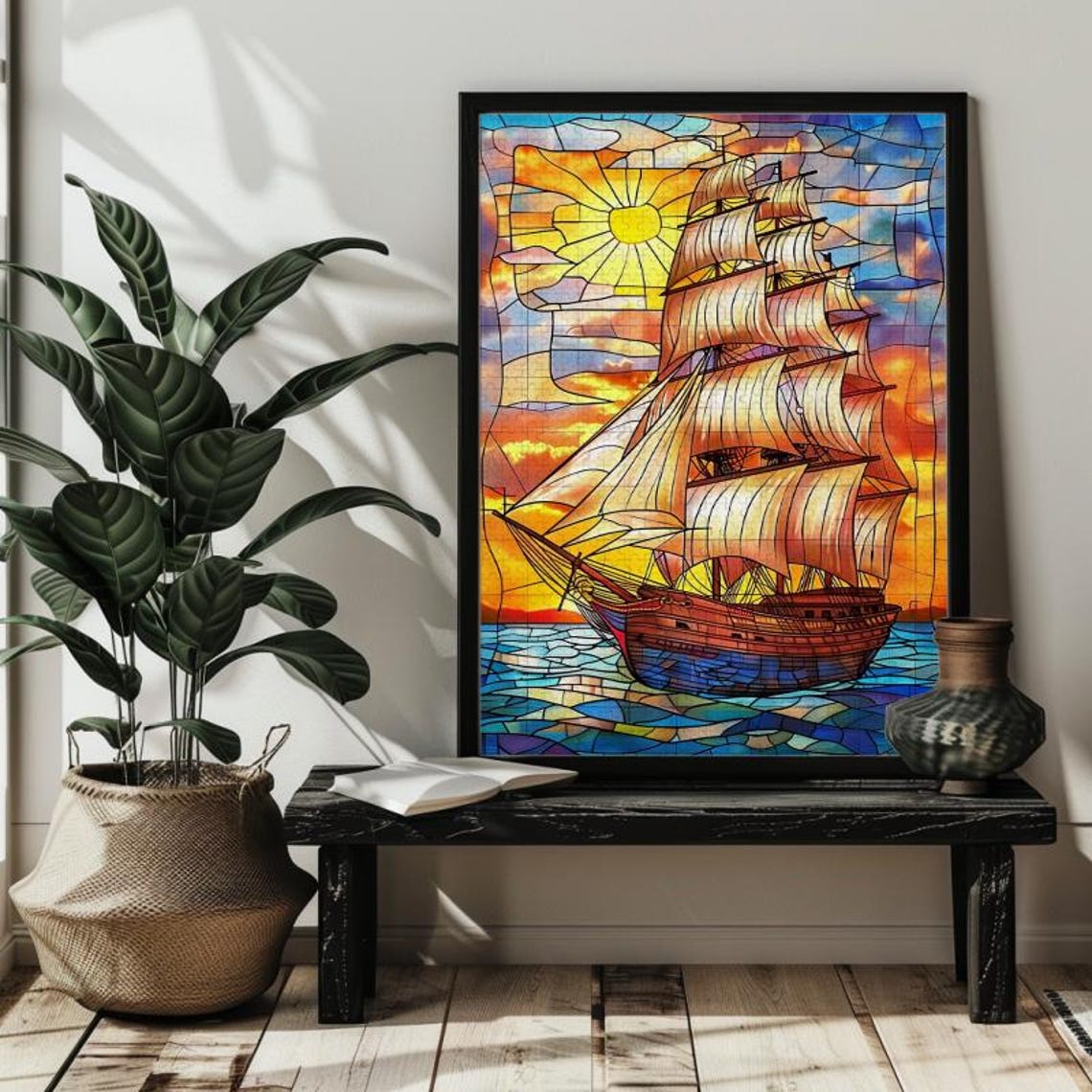 Tall Sailing Ship at Sunset Stained Glass Nautical Art Poster - Image 4