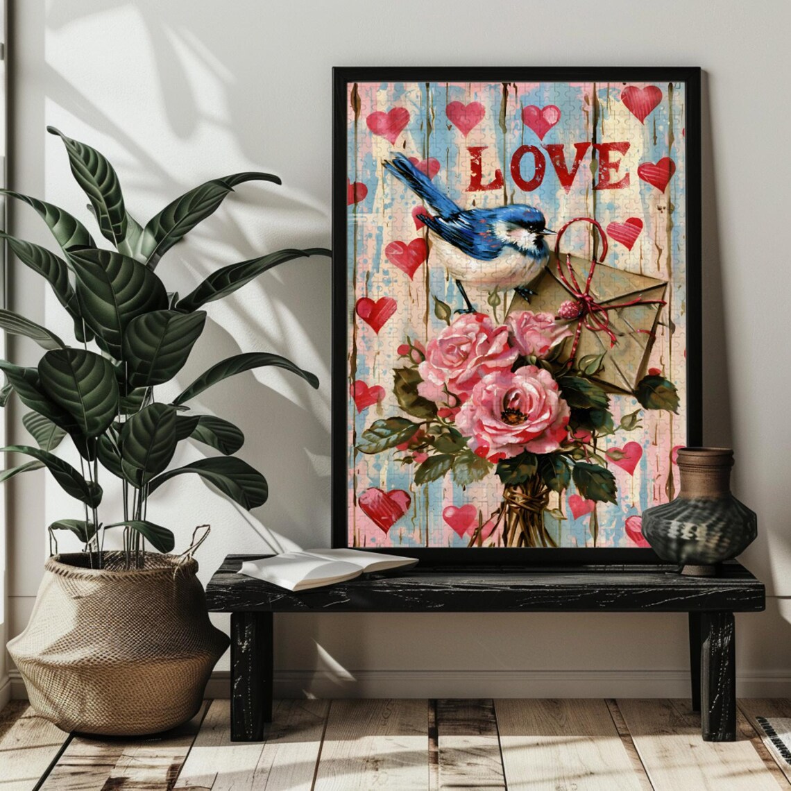 LOVE Sign Bluebird Red Hearts Roses Bouquet Rustic Wood Poster - Image 2